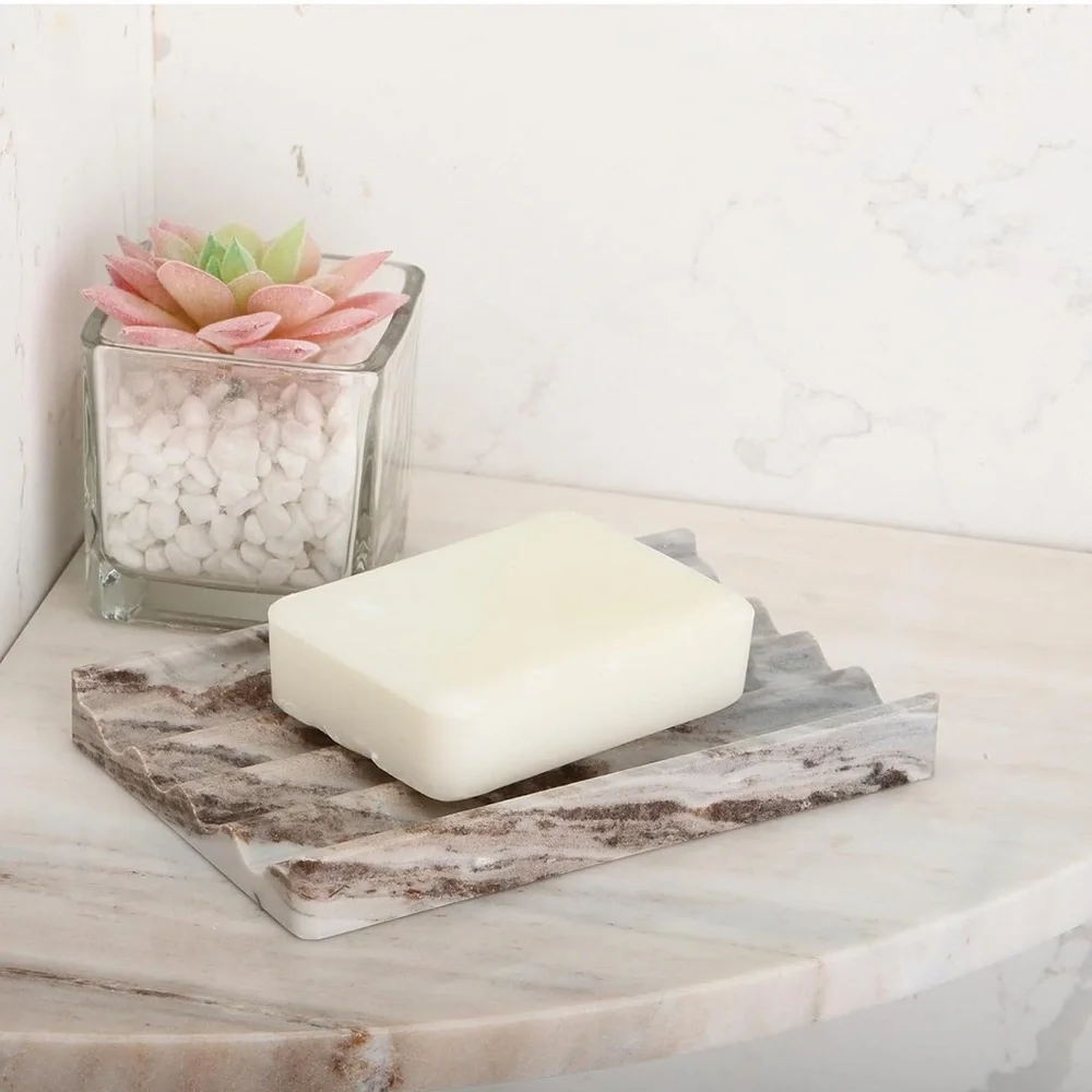 2 Piece Italian Marble Soap Dish Set Natural Stone Palissandro Classico D1563D - Picture 2 of 4